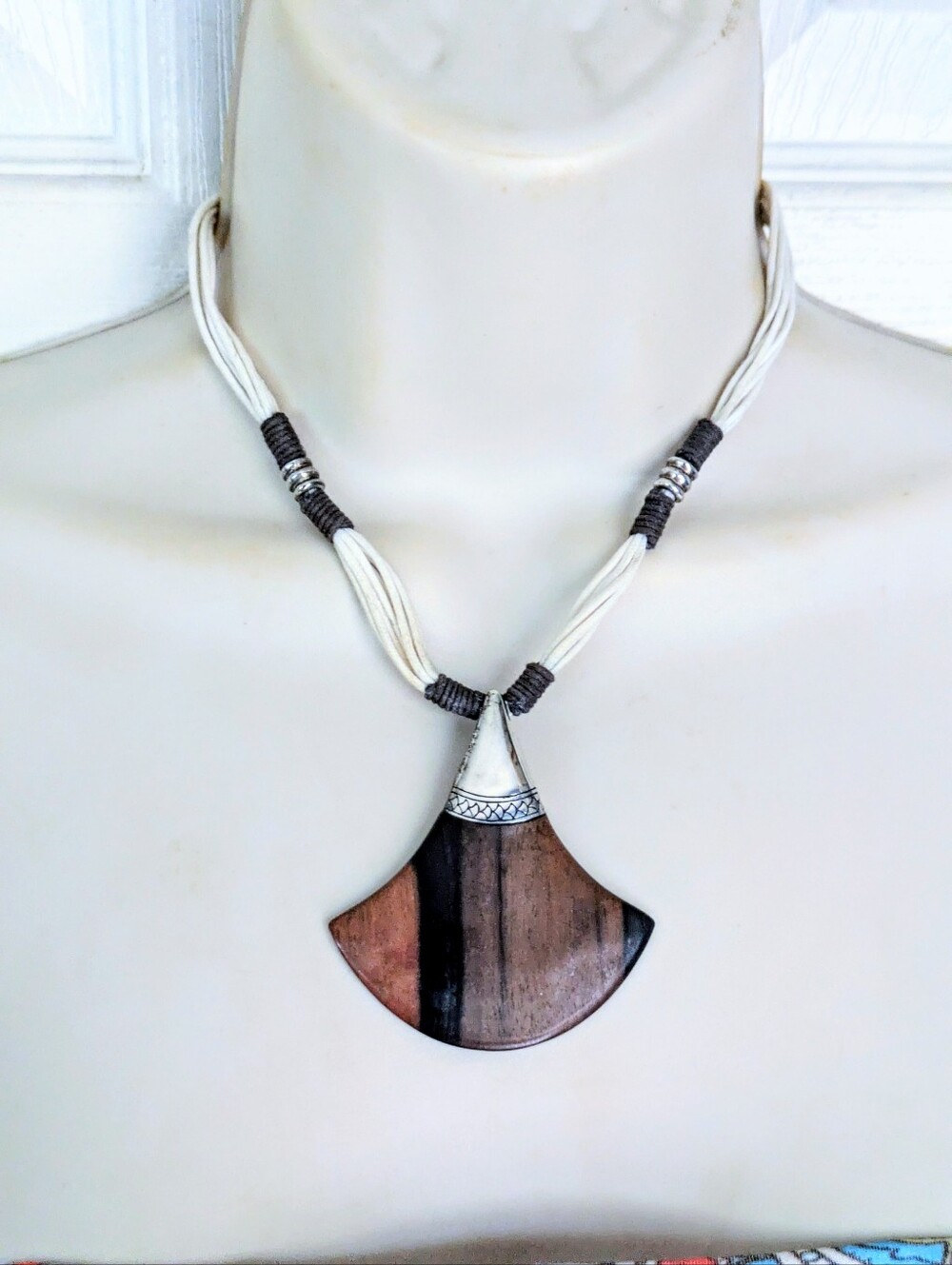 CLAUDE DASQUE Sterling Silver Polished Wood & Cord Pendant Necklace 15-17